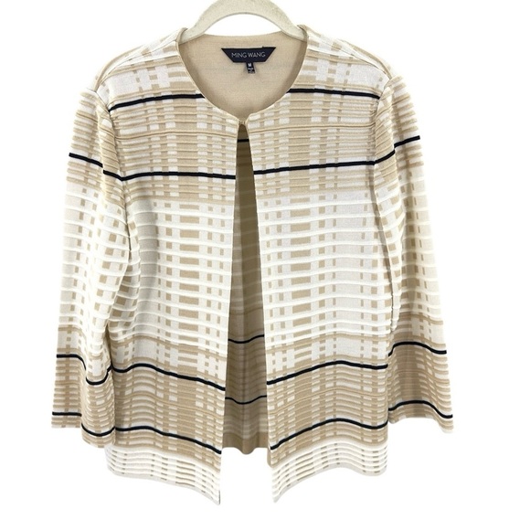 Ming Wang Open Front Jacket Cardigan Womens M Tan White Black Dressy Stretch - Picture 9 of 9